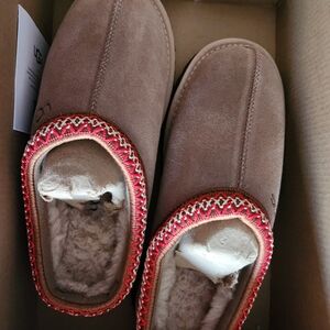 UGG Brown Suede Shearling Lined Slippers with Red Trim